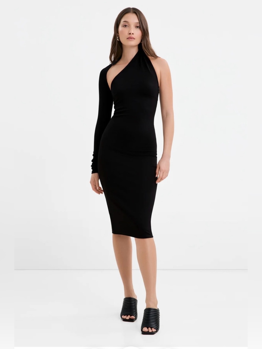 Marcella Manhattan One Shoulder Midi Dress Medium Black